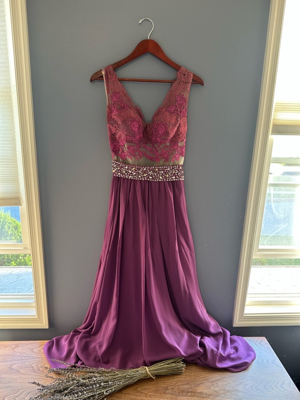 Beaded Lace Bodice Prom Dress in Plum - Picture 1 of 4
